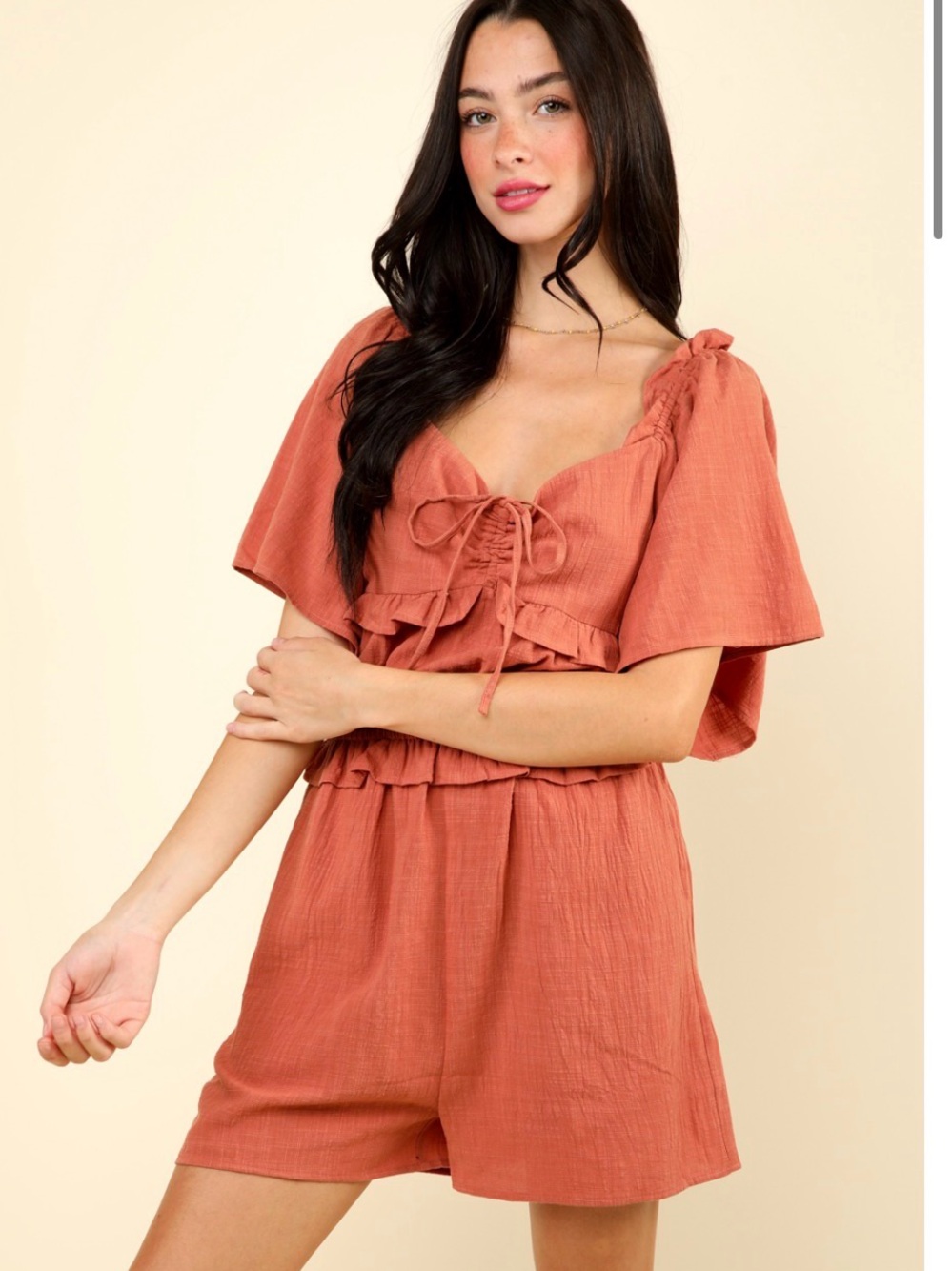 Very J Rust Tie-Front Flutter Sleeve Romper